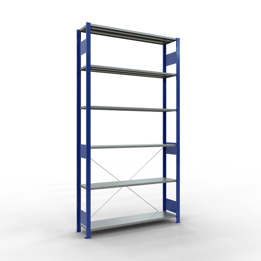 Estantería de cargas pequeñas SCHULTE azul genciana/galvanizada, carga por estante 150 kg, HxAxF 2.500 x 1.360 x 336 mm Imagen del producto: Estantería de cargas pequeñas SCHULTE azul genciana/galvanizada, carga por estante 150 kg, HxAxF 2.500 x 1.360 x 336 mm