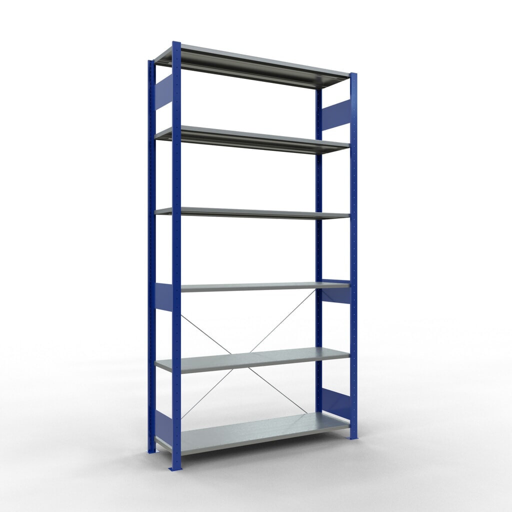 Estantería de cargas pequeñas SCHULTE azul genciana/galvanizada, carga por estante 150 kg, HxAxF 2.500 x 1.360 x 436 mm Imagen del producto: Estantería de cargas pequeñas SCHULTE azul genciana/galvanizada, carga por estante 150 kg, HxAxF 2.500 x 1.360 x 436 mm