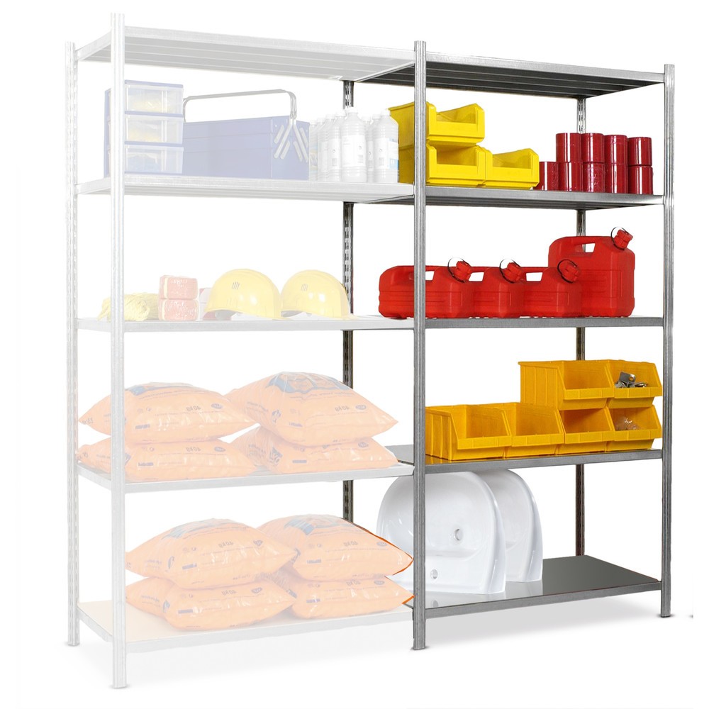 Número de imagen del producto 1: Estantería de cargas pequeñas, módulo adicional, con largueros de chapa de acero, carga por estante 221 kg, galvanizado, H x An x Fo 2.000 x 1.000 x 388 mm