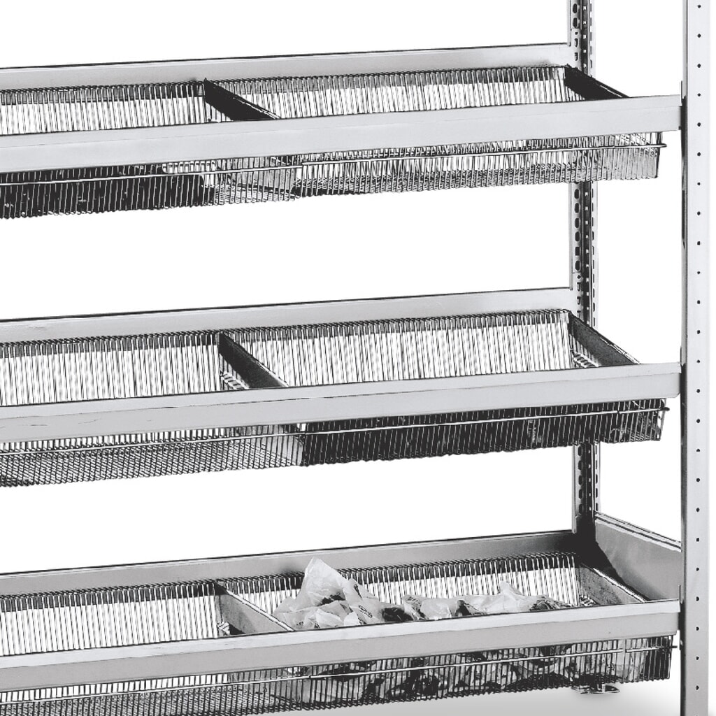 Cesta de estantería Schulte nivel con cestas de malla cerrada, 1,500 x 400 mm de ancho x 1,500 mm Imagen del producto: Cesta de estantería Schulte nivel con cestas de malla cerrada, 1,500 x 400 mm de ancho x 1,500 mm