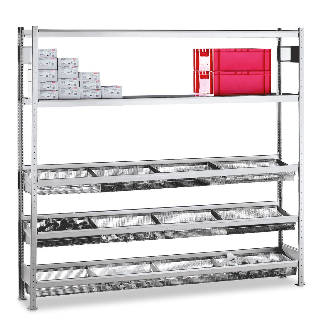 estantería de cargas pequeñas SCHULTE con cestas de malla ajustadas, módulo adicional, alto H x An x F 2500 x 1500 x 400 mm, carga por estante 400 kg Imagen del producto: estantería de cargas pequeñas SCHULTE con cestas de malla ajustadas, módulo adicional, alto H x An x F 2500 x 1500 x 400 mm, carga por estante 400 kg