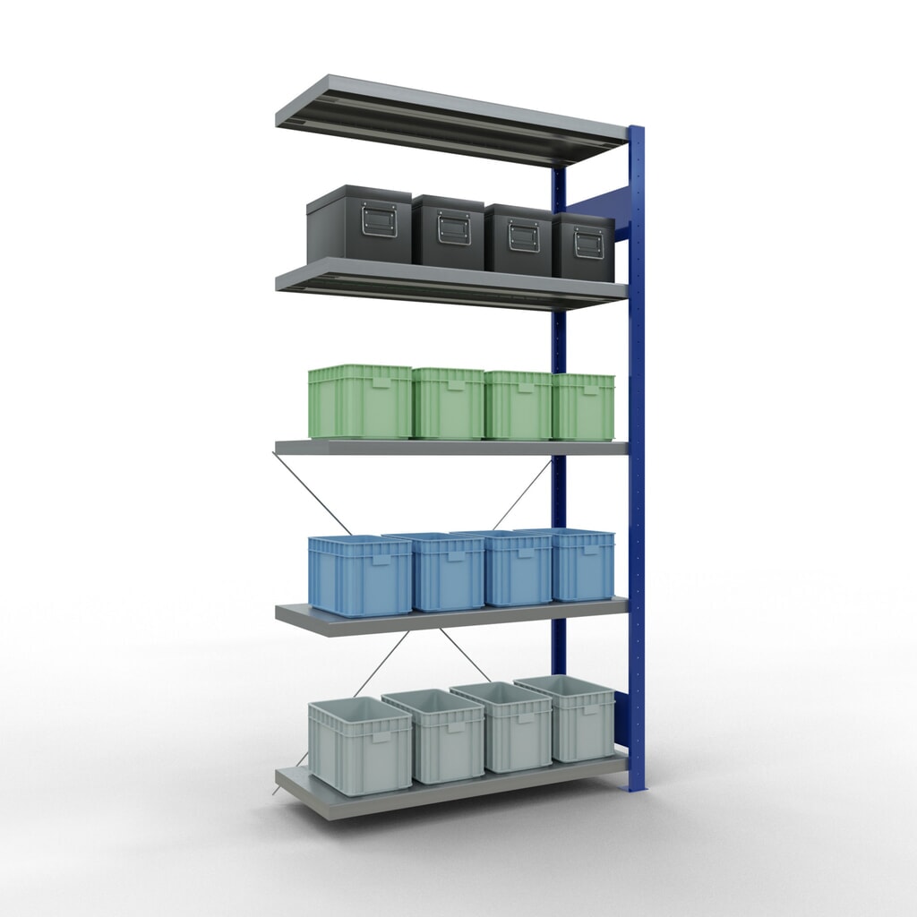 Estantería de cargas pequeñas SCHULTE con sistema de montaje encajado, módulo adicional, carga por estante de 330 kg, azul genciana/ galvanizada, Al x An x F 2.000 x 1.000 x 400 mm Número de imagen del producto 3: Estantería de cargas pequeñas SCHULTE con sistema de montaje encajado, módulo adicional, carga por estante de 330 kg, azul genciana/ galvanizada, Al x An x F 2.000 x 1.000 x 400 mm