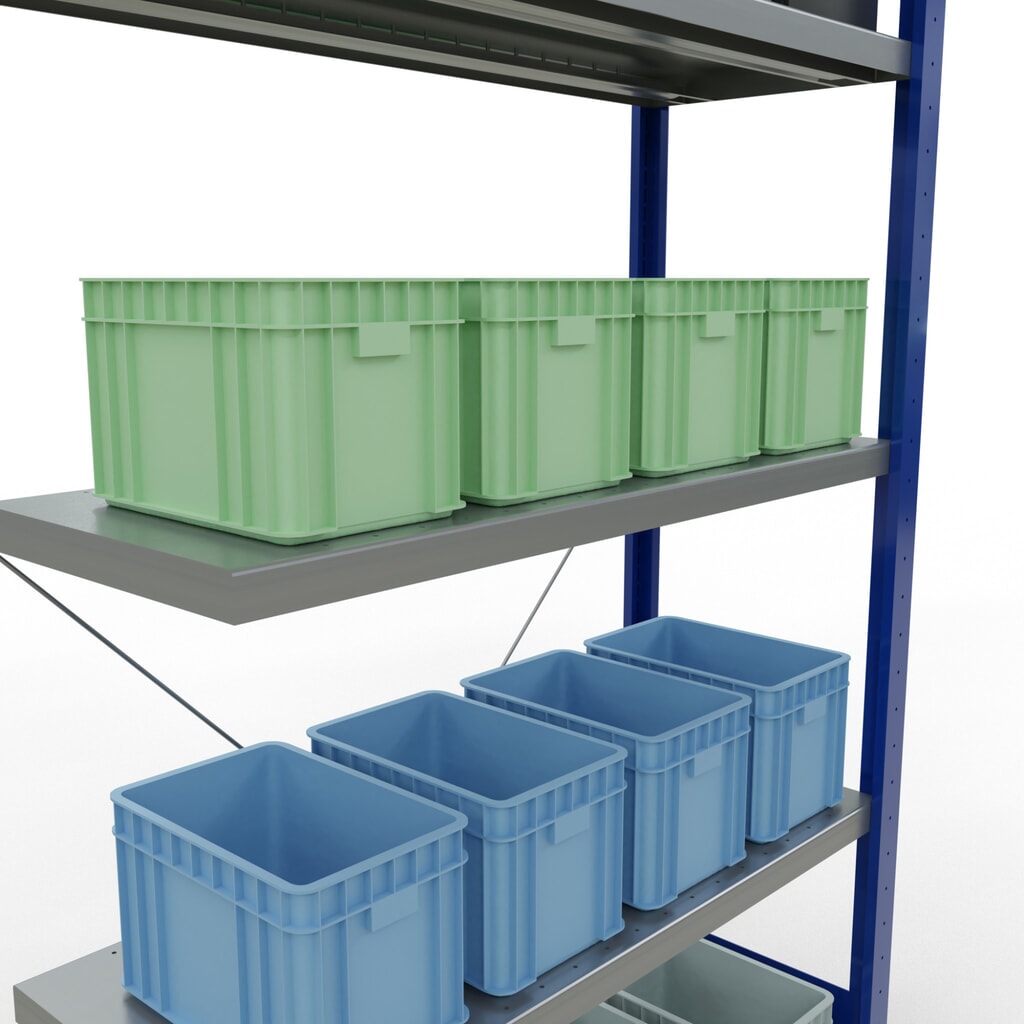 Estantería de cargas pequeñas SCHULTE con sistema de montaje encajado, módulo adicional, carga por estante de 330 kg, azul genciana/ galvanizada, Al x An x F 2.000 x 1.000 x 400 mm Número de imagen del producto 4: Estantería de cargas pequeñas SCHULTE con sistema de montaje encajado, módulo adicional, carga por estante de 330 kg, azul genciana/ galvanizada, Al x An x F 2.000 x 1.000 x 400 mm