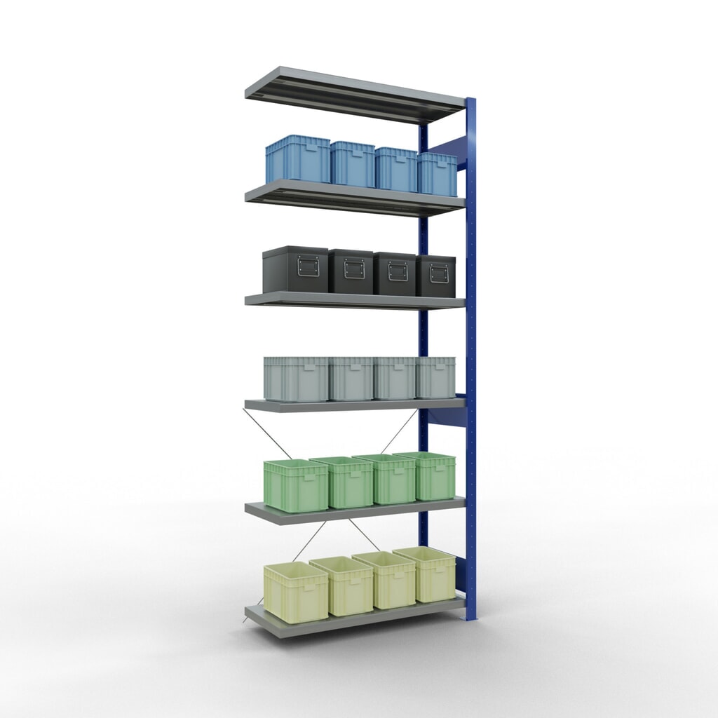Estantería de cargas pequeñas SCHULTE con sistema de montaje encajado, módulo adicional, carga por estante de 330 kg, azul genciana/ galvanizada, Al x An x F 2.500 x 1.000 x 400 mm Número de imagen del producto 3: Estantería de cargas pequeñas SCHULTE con sistema de montaje encajado, módulo adicional, carga por estante de 330 kg, azul genciana/ galvanizada, Al x An x F 2.500 x 1.000 x 400 mm