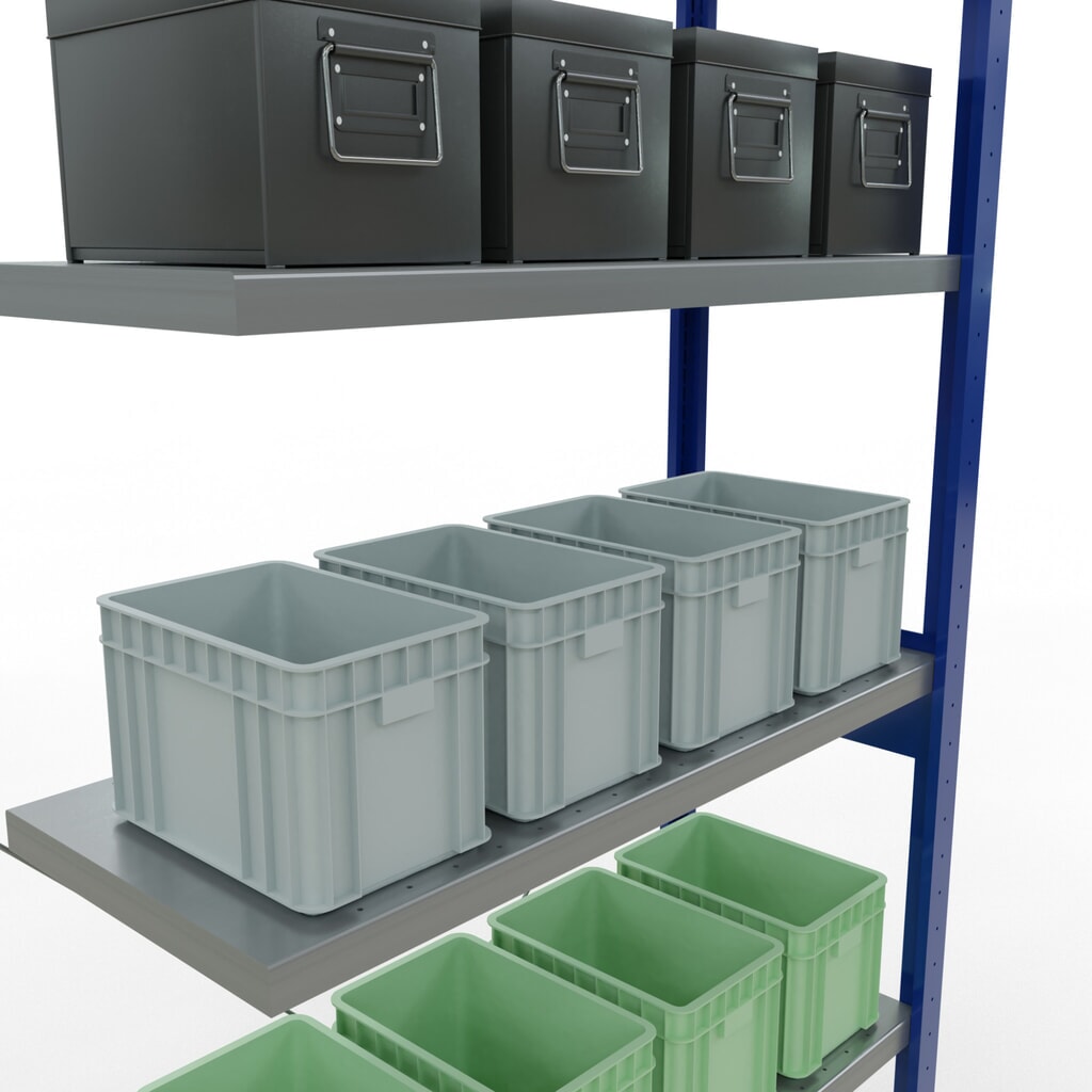 Estantería de cargas pequeñas SCHULTE con sistema de montaje encajado, módulo adicional, carga por estante de 330 kg, azul genciana/ galvanizada, Al x An x F 2.500 x 1.000 x 400 mm Número de imagen del producto 4: Estantería de cargas pequeñas SCHULTE con sistema de montaje encajado, módulo adicional, carga por estante de 330 kg, azul genciana/ galvanizada, Al x An x F 2.500 x 1.000 x 400 mm