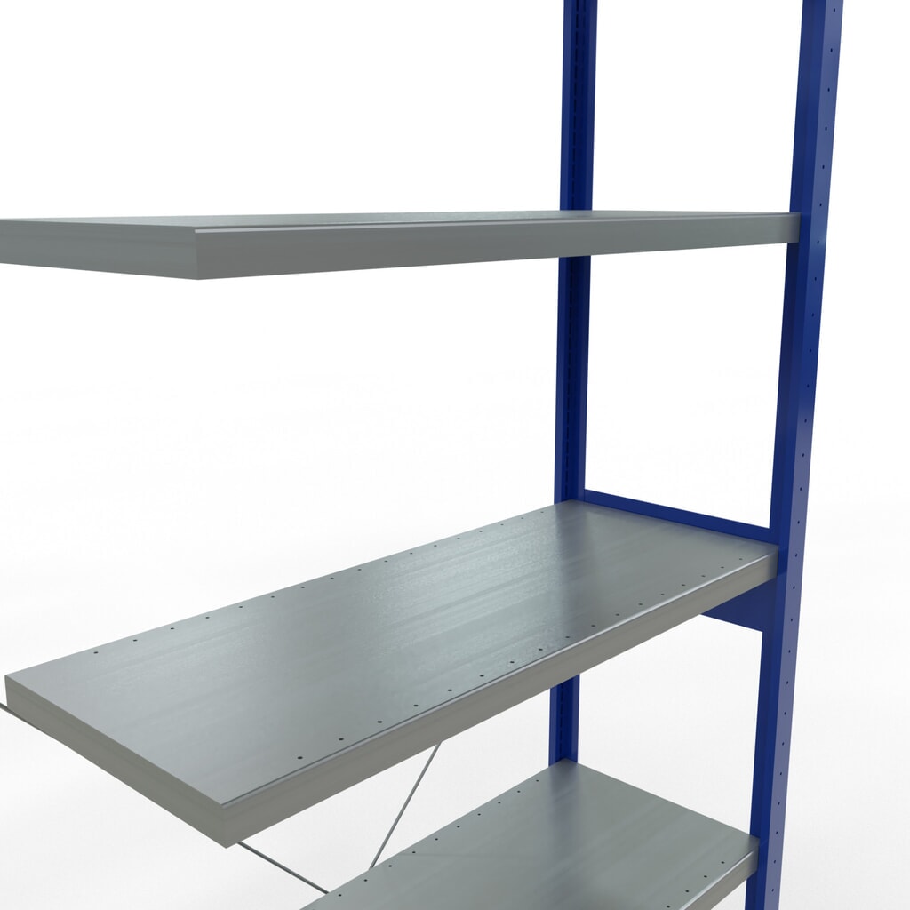 Estantería de cargas pequeñas SCHULTE con sistema de montaje encajado, módulo adicional, carga por estante de 330 kg, azul genciana/ galvanizada, Al x An x F 2.500 x 1.000 x 400 mm Número de imagen del producto 5: Estantería de cargas pequeñas SCHULTE con sistema de montaje encajado, módulo adicional, carga por estante de 330 kg, azul genciana/ galvanizada, Al x An x F 2.500 x 1.000 x 400 mm
