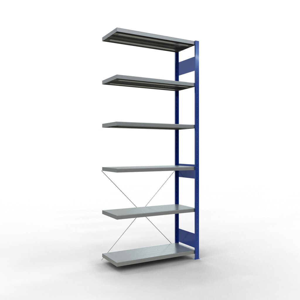 Estantería de cargas pequeñas SCHULTE con sistema de montaje encajado, módulo adicional, carga por estante de 330 kg, azul genciana/ galvanizada, Al x An x F 2.500 x 1.000 x 400 mm Imagen del producto: Estantería de cargas pequeñas SCHULTE con sistema de montaje encajado, módulo adicional, carga por estante de 330 kg, azul genciana/ galvanizada, Al x An x F 2.500 x 1.000 x 400 mm