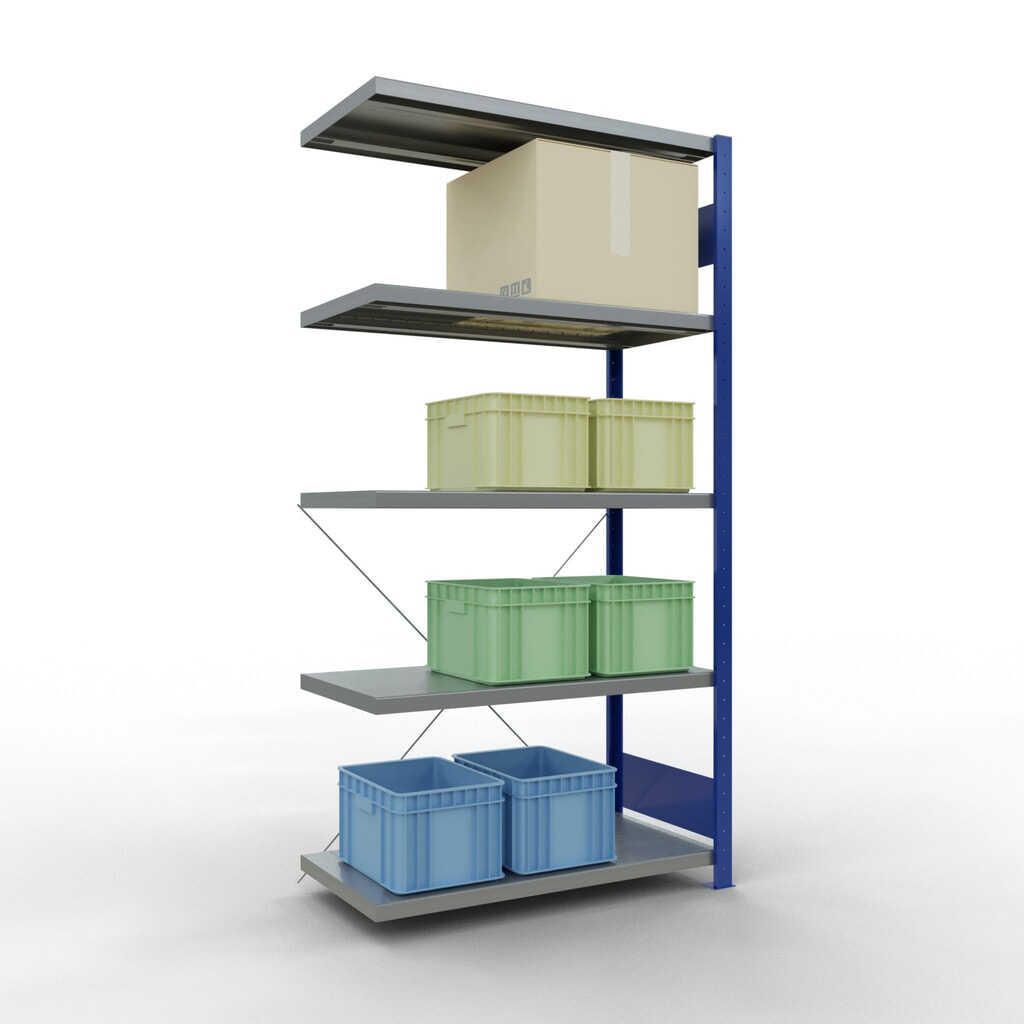 Estantería de cargas pequeñas SCHULTE con sistema de montaje encajado, módulo adicional, carga por estante de 330 kg, azul genciana/ galvanizada, Al x An x F 2.000 x 1.000 x 500 mm Número de imagen del producto 3: Estantería de cargas pequeñas SCHULTE con sistema de montaje encajado, módulo adicional, carga por estante de 330 kg, azul genciana/ galvanizada, Al x An x F 2.000 x 1.000 x 500 mm