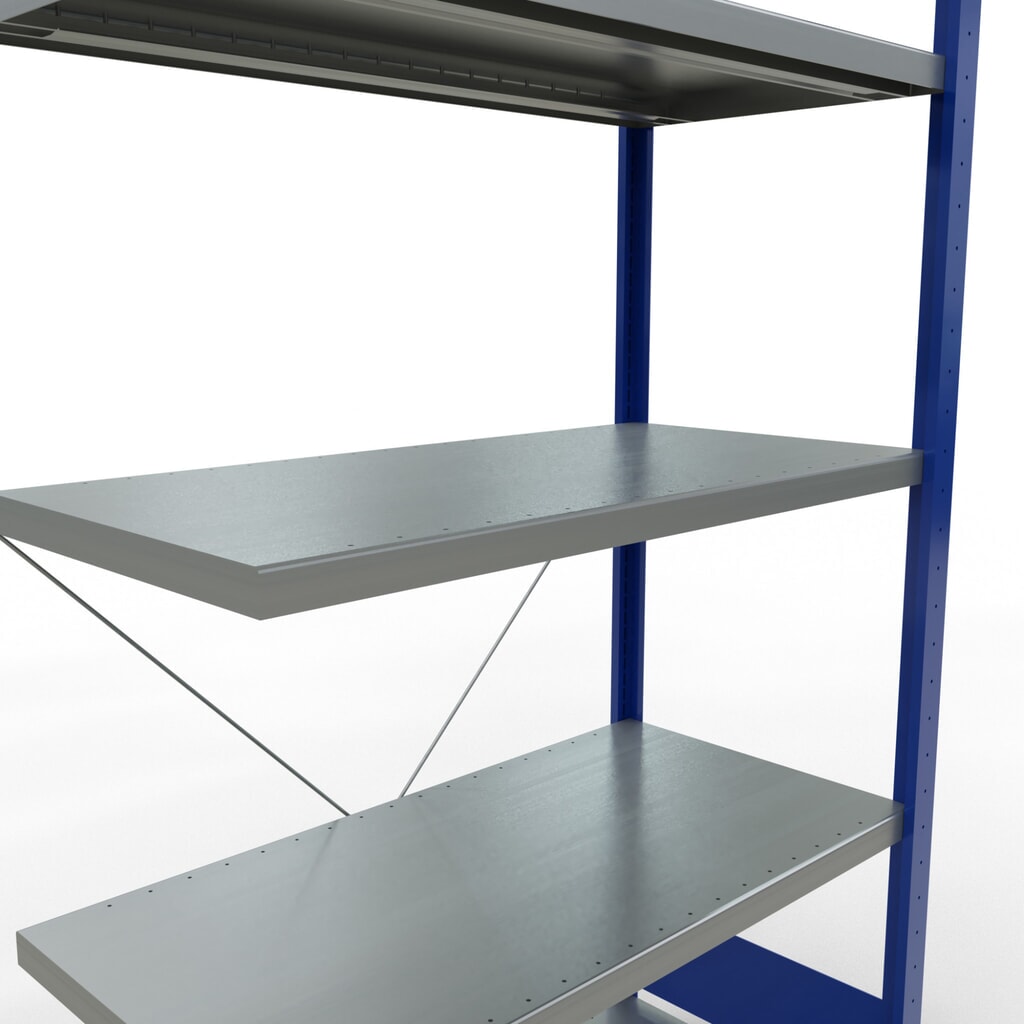 Estantería de cargas pequeñas SCHULTE con sistema de montaje encajado, módulo adicional, carga por estante de 330 kg, azul genciana/ galvanizada, Al x An x F 2.000 x 1.000 x 500 mm Número de imagen del producto 5: Estantería de cargas pequeñas SCHULTE con sistema de montaje encajado, módulo adicional, carga por estante de 330 kg, azul genciana/ galvanizada, Al x An x F 2.000 x 1.000 x 500 mm