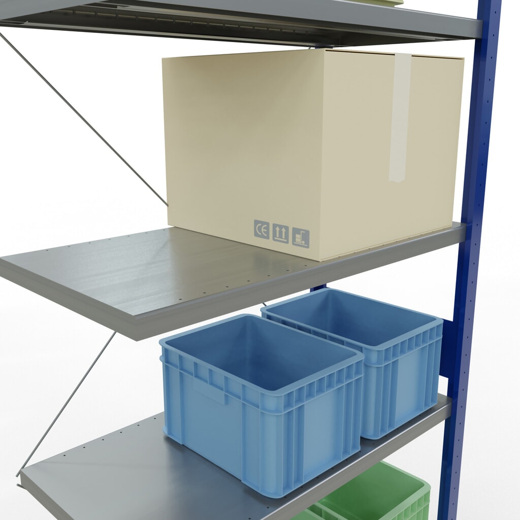 Estantería de cargas pequeñas SCHULTE con sistema de montaje encajado, módulo adicional, carga por estante de 330 kg, azul genciana/ galvanizada, Al x An x F 3.000 x 1.000 x 500 mm Número de imagen del producto 4: Estantería de cargas pequeñas SCHULTE con sistema de montaje encajado, módulo adicional, carga por estante de 330 kg, azul genciana/ galvanizada, Al x An x F 3.000 x 1.000 x 500 mm