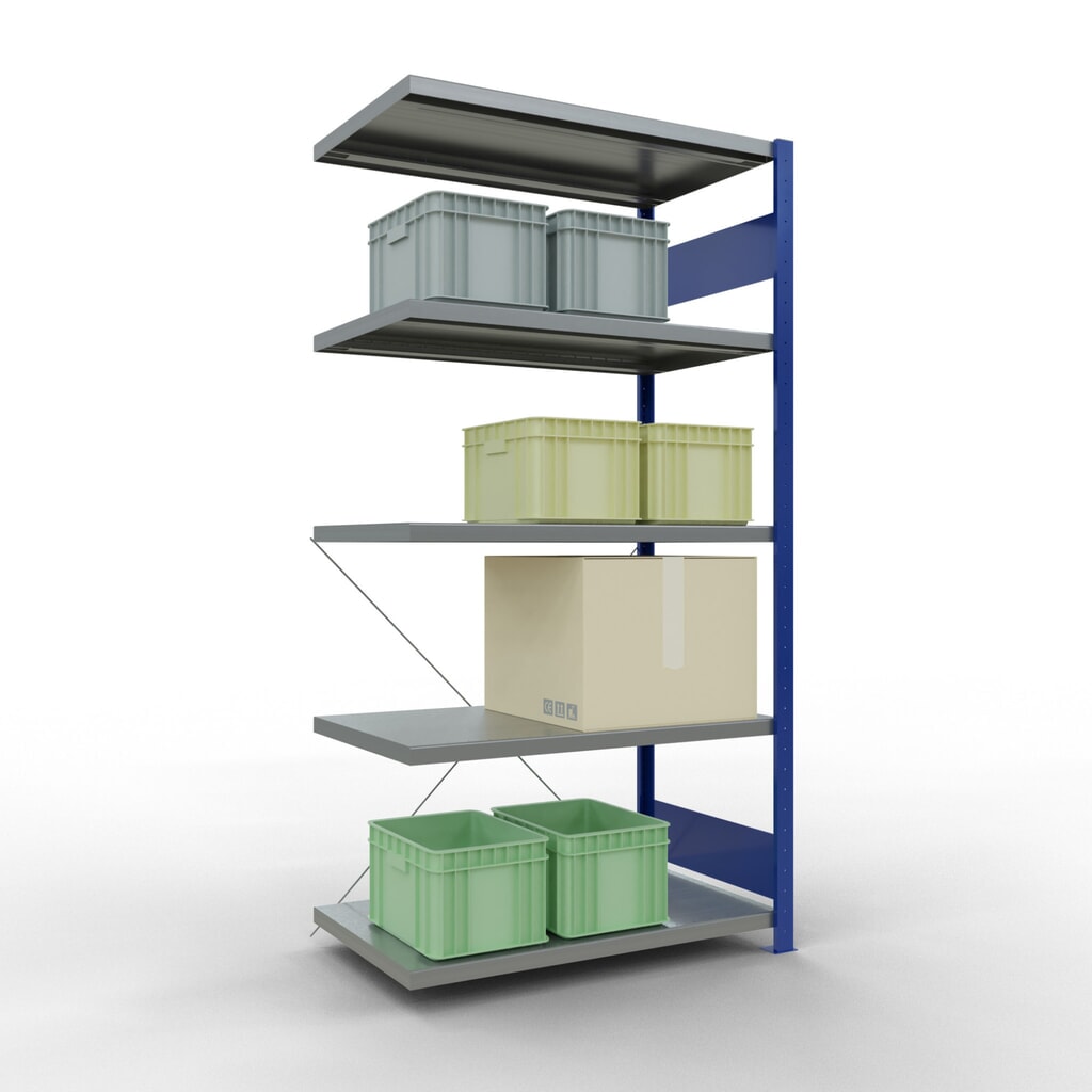 Estantería de cargas pequeñas SCHULTE con sistema de montaje encajado, módulo adicional, carga por estante de 330 kg, azul genciana/ galvanizada, Al x An x F 2.000 x 1.000 x 600 mm Número de imagen del producto 3: Estantería de cargas pequeñas SCHULTE con sistema de montaje encajado, módulo adicional, carga por estante de 330 kg, azul genciana/ galvanizada, Al x An x F 2.000 x 1.000 x 600 mm