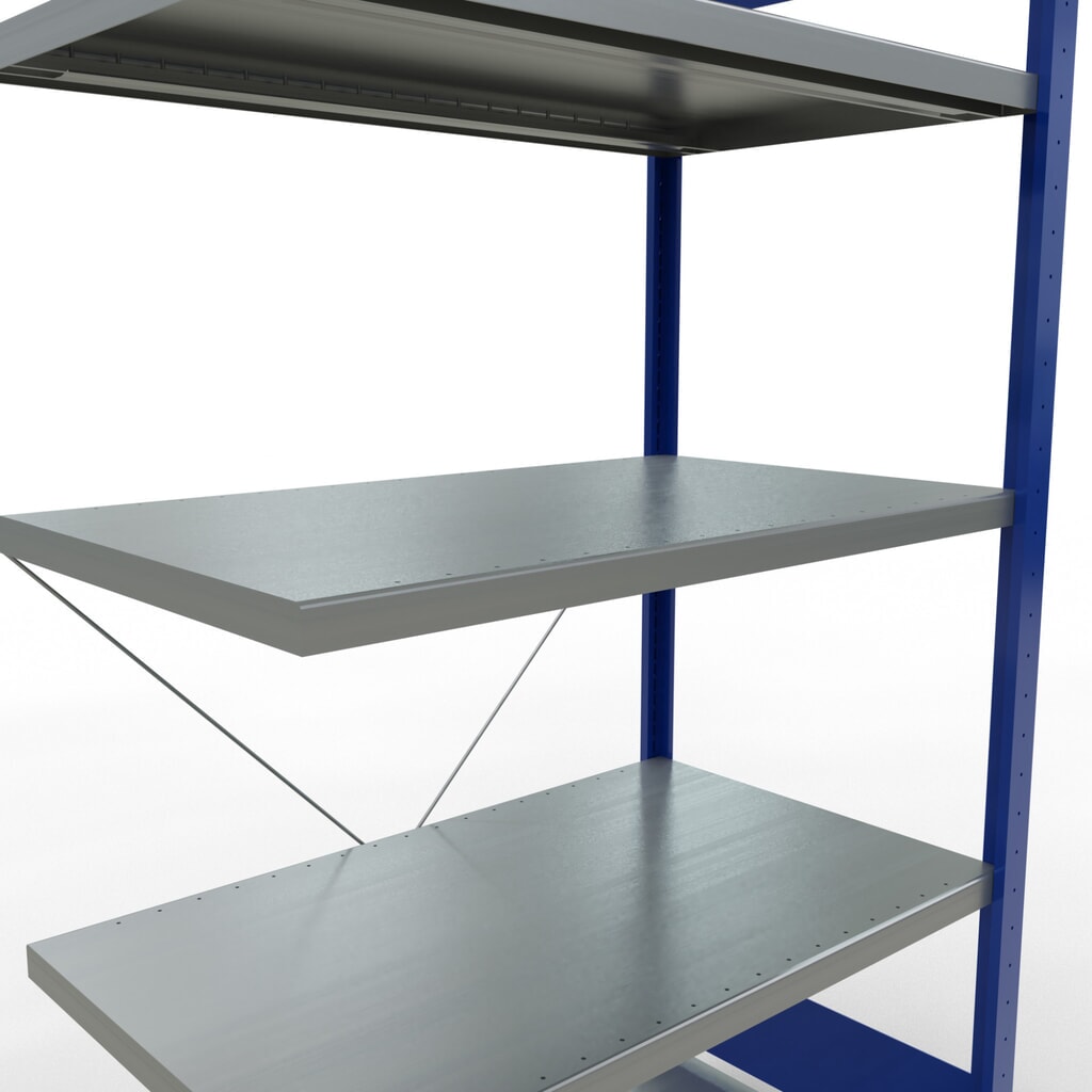 Estantería de cargas pequeñas SCHULTE con sistema de montaje encajado, módulo adicional, carga por estante de 330 kg, azul genciana/ galvanizada, Al x An x F 2.000 x 1.000 x 600 mm Número de imagen del producto 5: Estantería de cargas pequeñas SCHULTE con sistema de montaje encajado, módulo adicional, carga por estante de 330 kg, azul genciana/ galvanizada, Al x An x F 2.000 x 1.000 x 600 mm