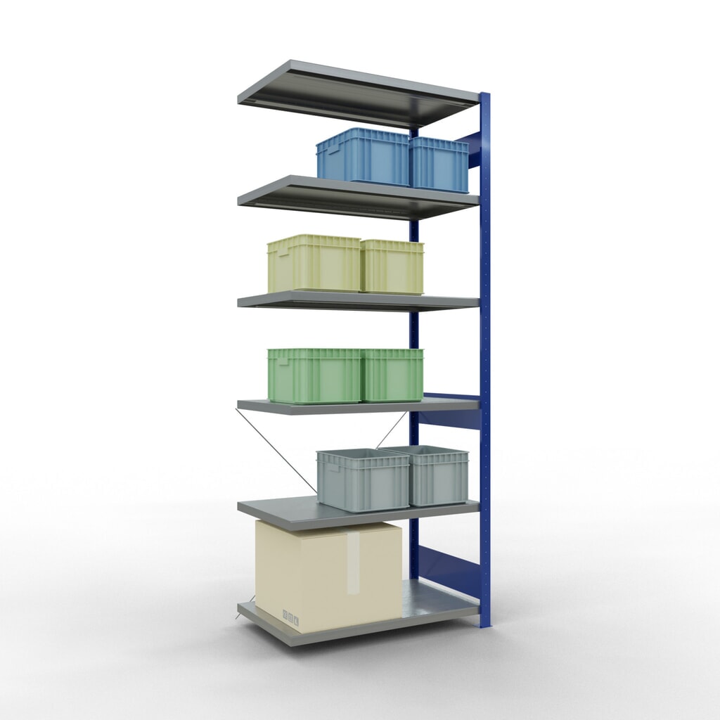 Estantería de cargas pequeñas SCHULTE con sistema de montaje encajado, módulo adicional, carga por estante de 330 kg, azul genciana/ galvanizada, Al x An x F 2.500 x 1.000 x 600 mm Número de imagen del producto 3: Estantería de cargas pequeñas SCHULTE con sistema de montaje encajado, módulo adicional, carga por estante de 330 kg, azul genciana/ galvanizada, Al x An x F 2.500 x 1.000 x 600 mm
