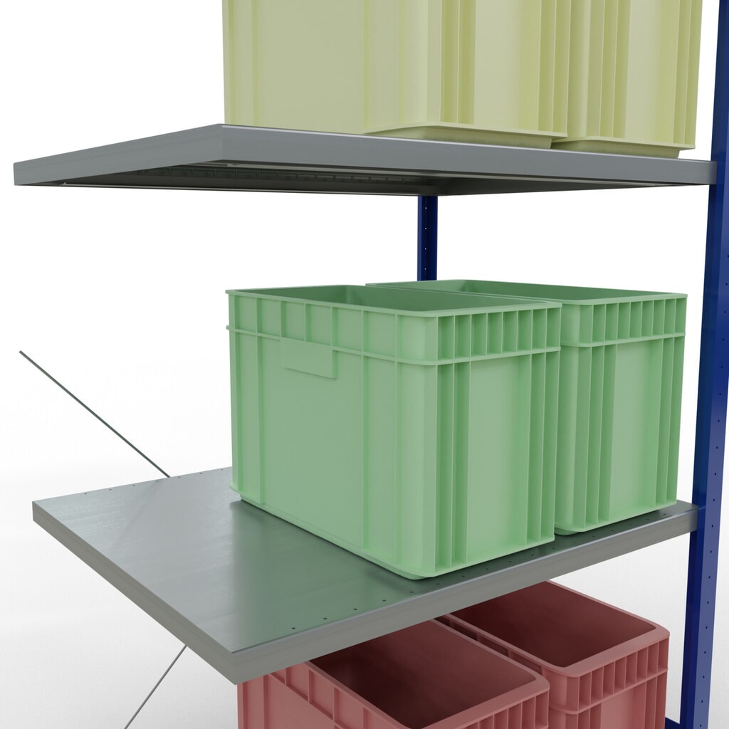 Estantería de cargas pequeñas SCHULTE con sistema de montaje encajado, módulo adicional, carga por estante de 330 kg, azul genciana/ galvanizada, Al x An x F 2.000 x 1.000 x 800 mm Número de imagen del producto 4: Estantería de cargas pequeñas SCHULTE con sistema de montaje encajado, módulo adicional, carga por estante de 330 kg, azul genciana/ galvanizada, Al x An x F 2.000 x 1.000 x 800 mm