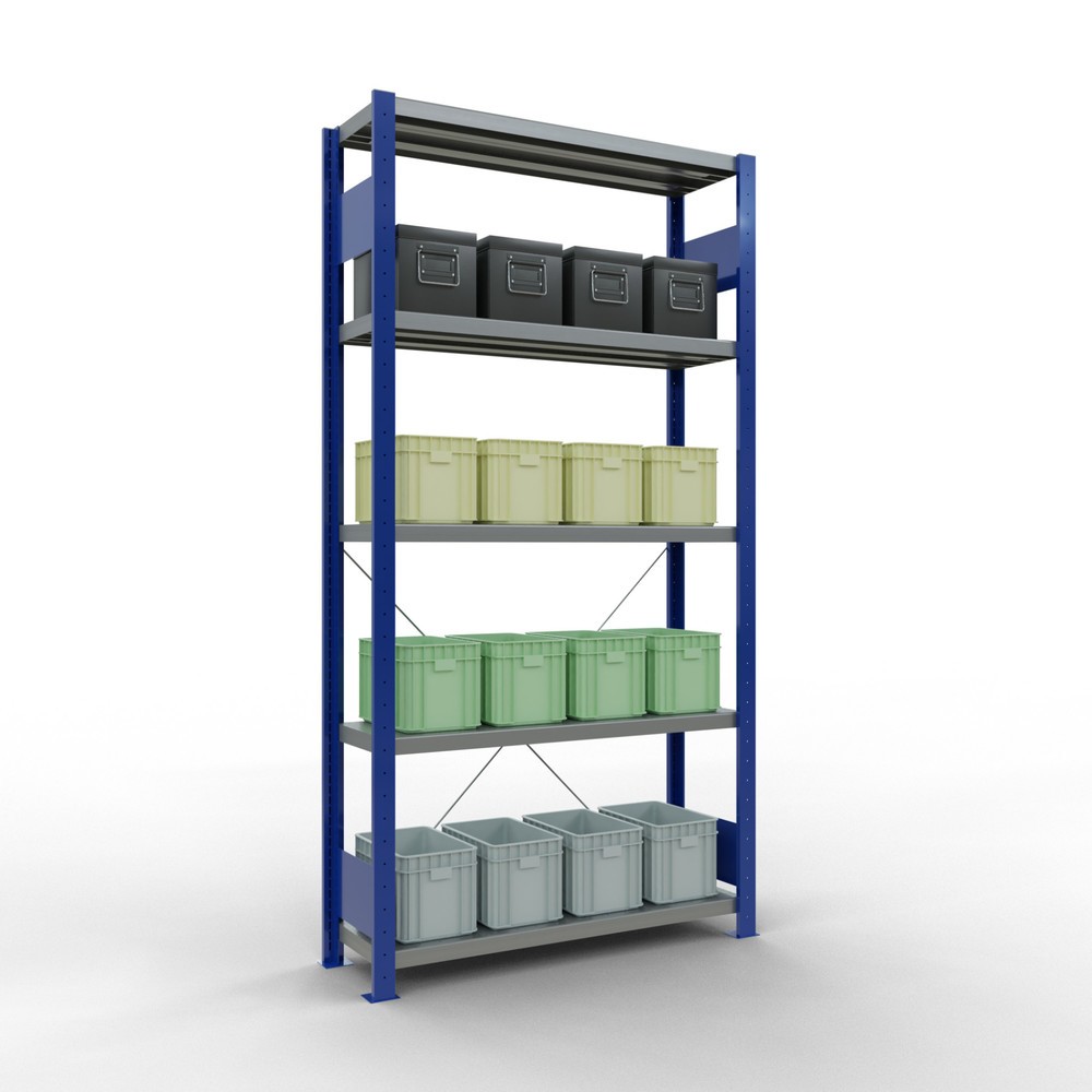 Número de imagen del producto 3: Estantería de cargas pequeñas SCHULTE azul genciana/galvanizada con 5 estantes de chapa de acero, carga por estante 330 kg, HxAxF 2.000 x 1.060 x 336 mm