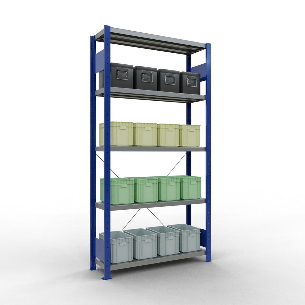 Número de imagen del producto 3: Estantería de cargas pequeñas SCHULTE azul genciana/galvanizada con 5 estantes de chapa de acero, carga por estante 330 kg, HxAxF 2.000 x 1.060 x 336 mm