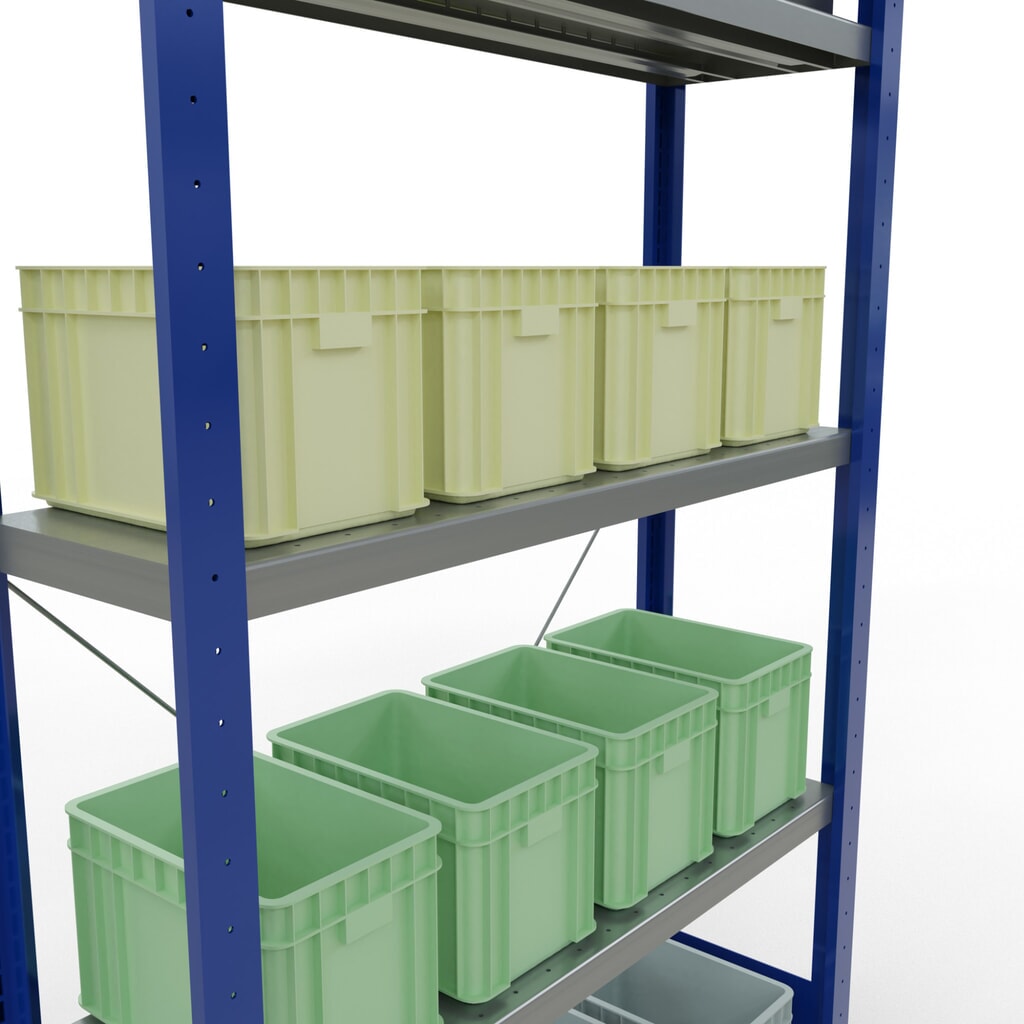 Número de imagen del producto 4: Estantería de cargas pequeñas SCHULTE azul genciana/galvanizada con 5 estantes de chapa de acero, carga por estante 330 kg, HxAxF 2.000 x 1.060 x 336 mm