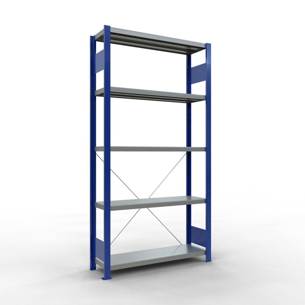 Número de imagen del producto 1: Estantería de cargas pequeñas SCHULTE azul genciana/galvanizada con 5 estantes de chapa de acero, carga por estante 330 kg, HxAxF 2.000 x 1.060 x 336 mm