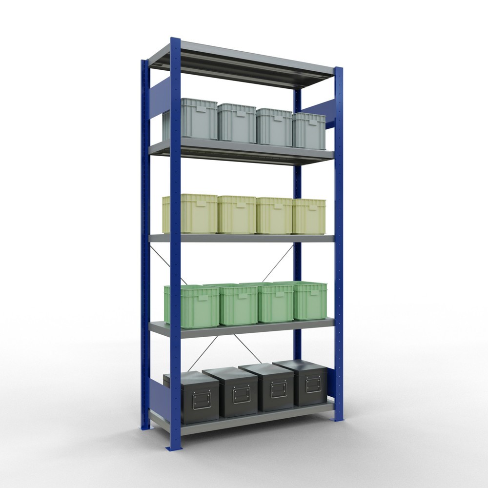 Número de imagen del producto 3: Estantería de cargas pequeñas SCHULTE azul genciana/galvanizada con 5 estantes de chapa de acero, carga por estante 330 kg, HxAxF 2.000 x 1.060 x 436 mm