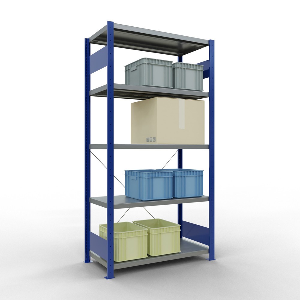 Número de imagen del producto 3: Estantería de cargas pequeñas SCHULTE azul genciana/galvanizada con 5 estantes de chapa de acero, carga por estante 330 kg, HxAxF 2.000 x 1.060 x 536 mm