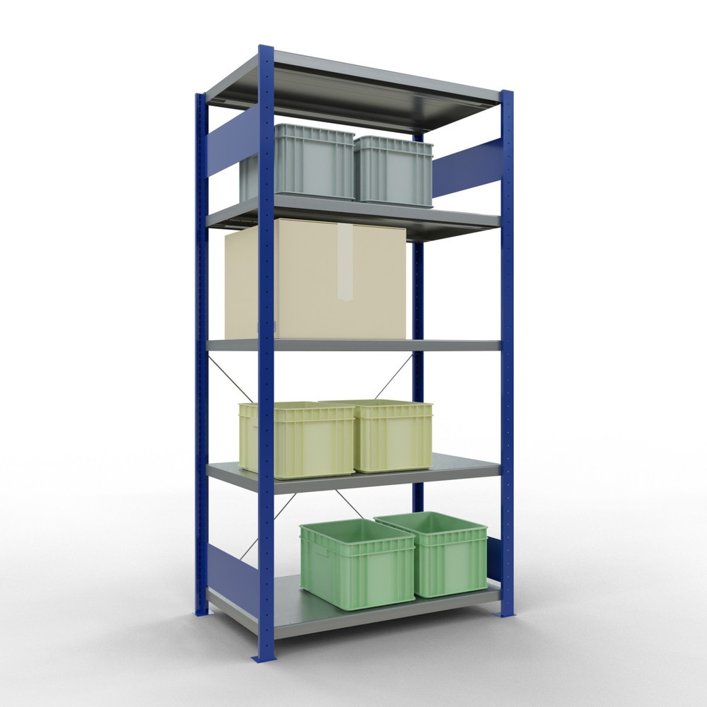Número de imagen del producto 3: Estantería de cargas pequeñas SCHULTE azul genciana/galvanizada con 5 estantes de chapa de acero, carga por estante 330 kg, HxAxF 2.000 x 1.060 x 636 mm