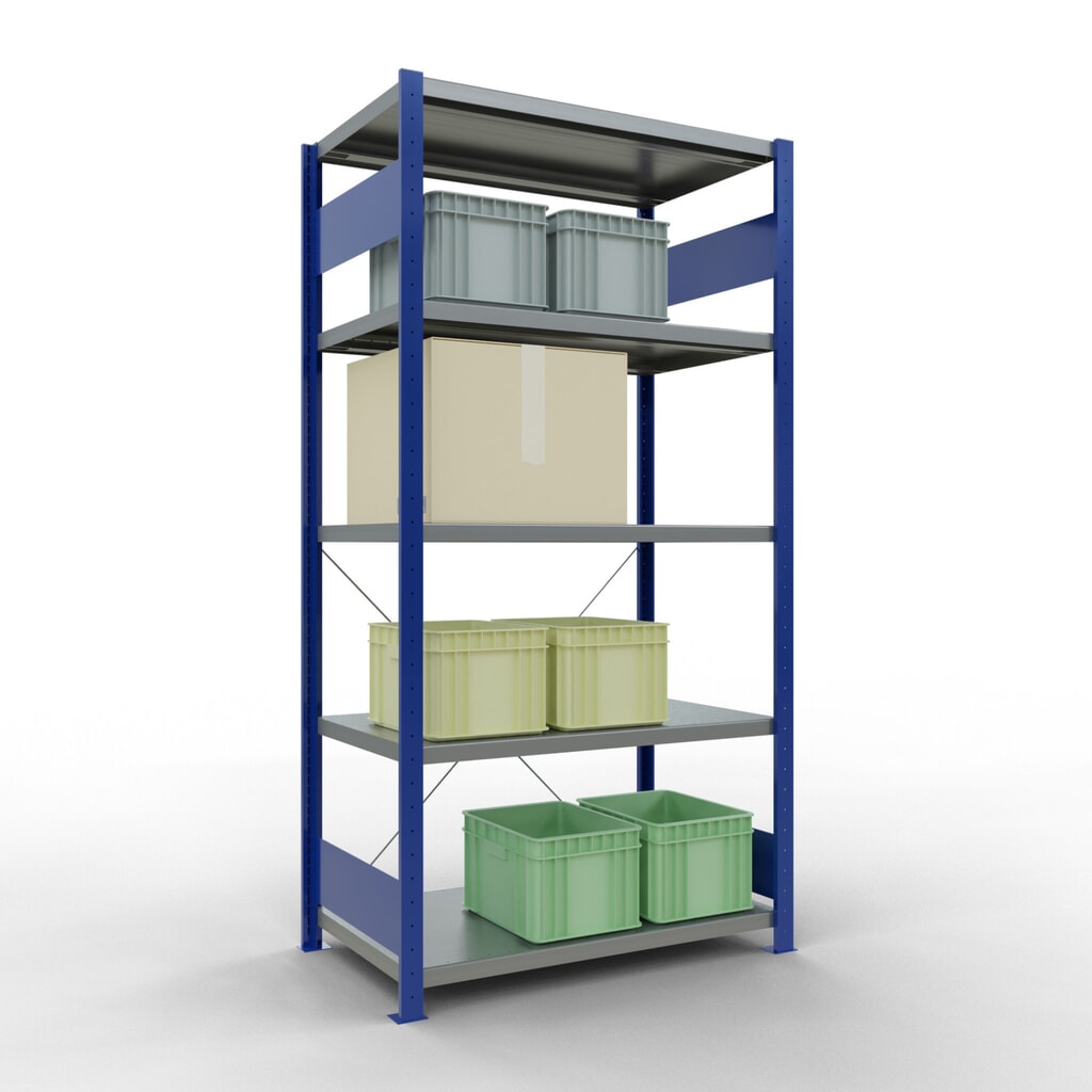 Número de imagen del producto 3: Estantería de cargas pequeñas SCHULTE azul genciana/galvanizada con 5 estantes de chapa de acero, carga por estante 330 kg, HxAxF 2.000 x 1.060 x 636 mm