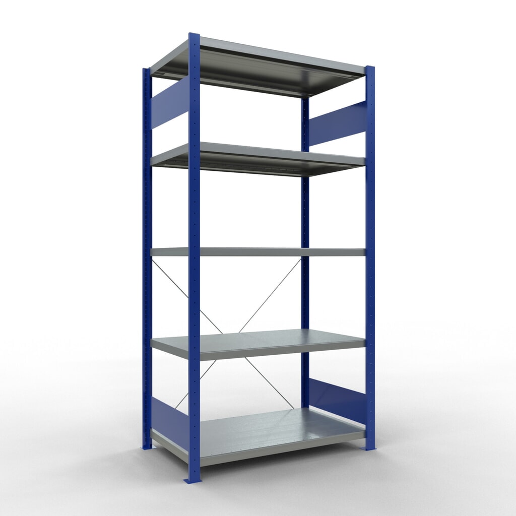 Estantería de cargas pequeñas SCHULTE azul genciana/galvanizada con 5 estantes de chapa de acero, carga por estante 330 kg, HxAxF 2.000 x 1.060 x 636 mm Imagen del producto: Estantería de cargas pequeñas SCHULTE azul genciana/galvanizada con 5 estantes de chapa de acero, carga por estante 330 kg, HxAxF 2.000 x 1.060 x 636 mm