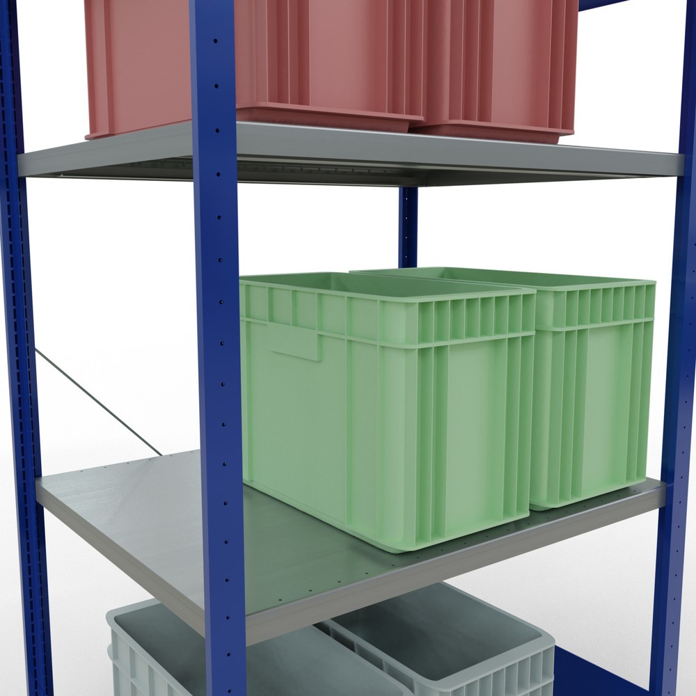 Número de imagen del producto 4: Estantería de cargas pequeñas SCHULTE azul genciana/galvanizada con 5 estantes de chapa de acero, carga por estante 330 kg, HxAxF 2.000 x 1.060 x 836 mm