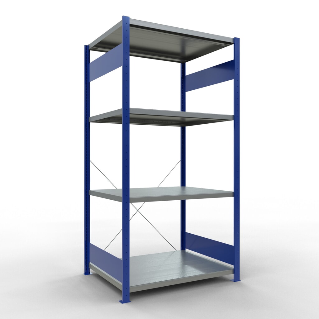 Número de imagen del producto 1: Estantería de cargas pequeñas SCHULTE azul genciana/galvanizada con 5 estantes de chapa de acero, carga por estante 330 kg, HxAxF 2.000 x 1.060 x 836 mm