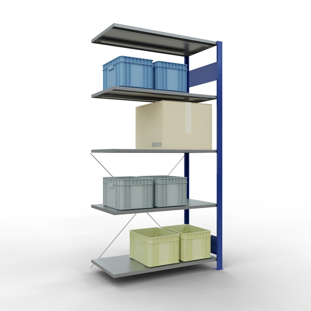 Estantería de cargas pequeñas SCHULTE con sistema de encajado, módulo adicional, carga por estante de 150 kg, azul genciana/ galvanizada, Al x An x F 2.000 x 1.000 x 500 mm Número de imagen del producto 4: Estantería de cargas pequeñas SCHULTE con sistema de encajado, módulo adicional, carga por estante de 150 kg, azul genciana/ galvanizada, Al x An x F 2.000 x 1.000 x 500 mm