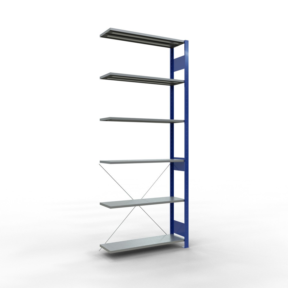 Imagen del producto: estantería SCHULTE sistema de encajado|sistema de ensamblajes módulo adicional carga estantería de cargas pequeñas 150 kg genciana azul/galvanizado H x An x F 2.500 x 1.000 x 300 mm