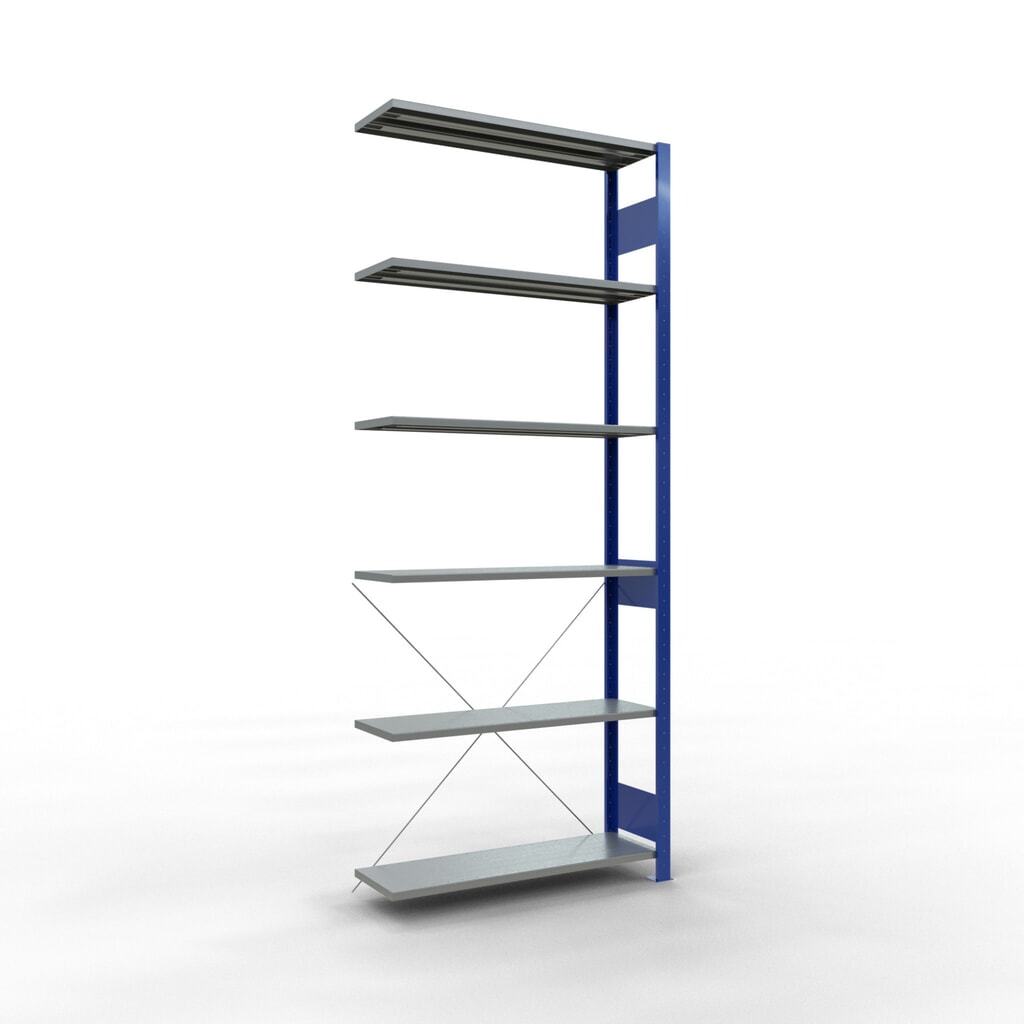 Imagen del producto: estantería SCHULTE sistema de encajado|sistema de ensamblajes módulo adicional carga estantería de cargas pequeñas 150 kg genciana azul/galvanizado H x An x F 2.500 x 1.000 x 300 mm