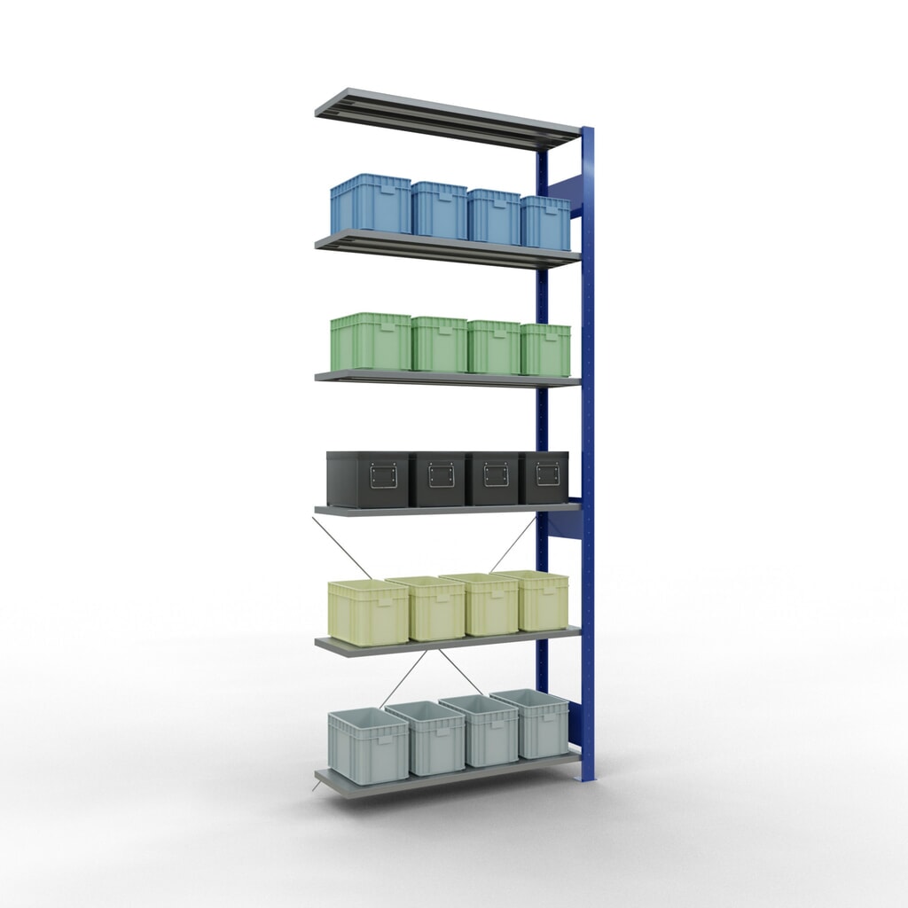 estantería SCHULTE sistema de encajado|sistema de ensamblajes módulo adicional carga estantería de cargas pequeñas 150 kg genciana azul/galvanizado H x An x F 2.500 x 1.000 x 300 mm Número de imagen del producto 4: estantería SCHULTE sistema de encajado|sistema de ensamblajes módulo adicional carga estantería de cargas pequeñas 150 kg genciana azul/galvanizado H x An x F 2.500 x 1.000 x 300 mm