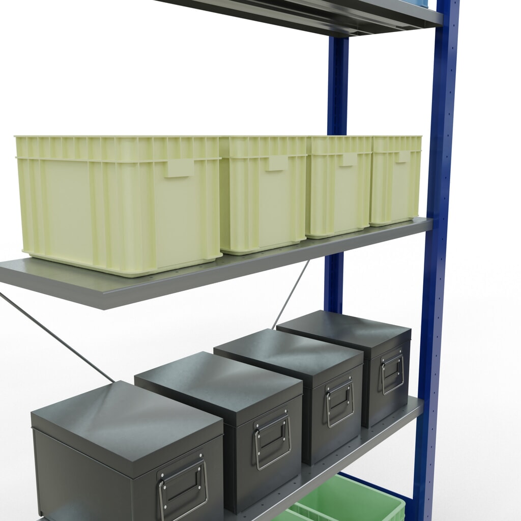 Estantería de cargas pequeñas SCHULTE con sistema de encajado, módulo adicional, carga por estante de 150 kg, azul genciana/ galvanizada, Al x An x F 2.000 x 1.000 x 300 mm Número de imagen del producto 3: Estantería de cargas pequeñas SCHULTE con sistema de encajado, módulo adicional, carga por estante de 150 kg, azul genciana/ galvanizada, Al x An x F 2.000 x 1.000 x 300 mm