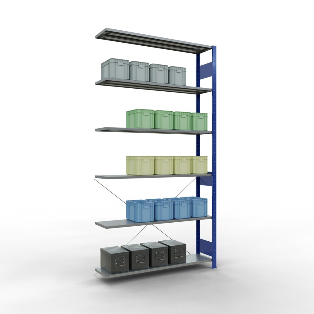 estantería SCHULTE sistema de encajado|sistema de ensamblajes módulo adicional carga estantería de cargas pequeñas 150 kg Genciana Azul/Galvanizado H x An x F 2.500 x 1.300 x 300 mm Número de imagen del producto 3: estantería SCHULTE sistema de encajado|sistema de ensamblajes módulo adicional carga estantería de cargas pequeñas 150 kg Genciana Azul/Galvanizado H x An x F 2.500 x 1.300 x 300 mm