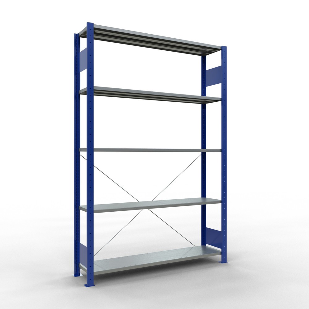 Imagen del producto: Estantería de cargas pequeñas SCHULTE azul genciana/galvanizada con 5 estantes de chapa de acero, carga por estante 150 kg, HxAxF 2.000 x 1.360 x 336 mm