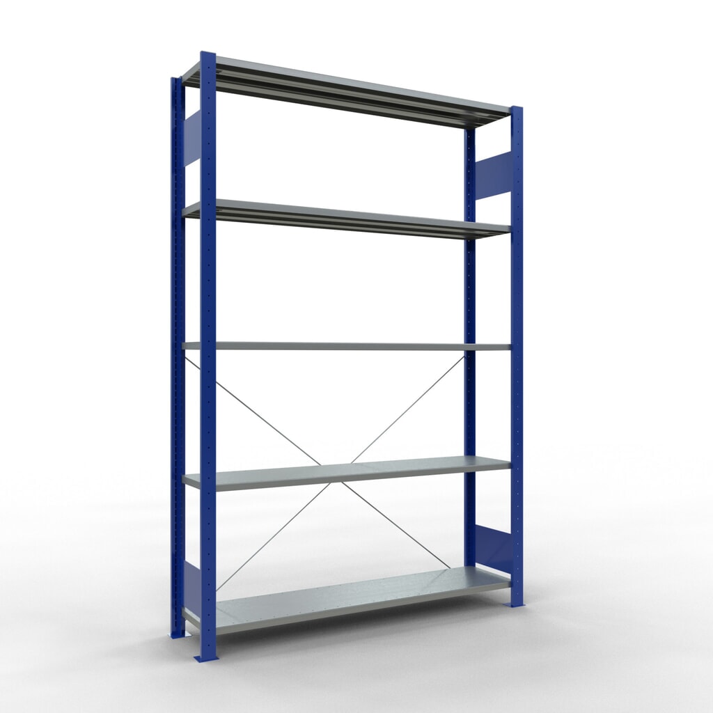 Estantería de cargas pequeñas SCHULTE azul genciana/galvanizada con 5 estantes de chapa de acero, carga por estante 150 kg, HxAxF 2.000 x 1.360 x 336 mm Imagen del producto: Estantería de cargas pequeñas SCHULTE azul genciana/galvanizada con 5 estantes de chapa de acero, carga por estante 150 kg, HxAxF 2.000 x 1.360 x 336 mm