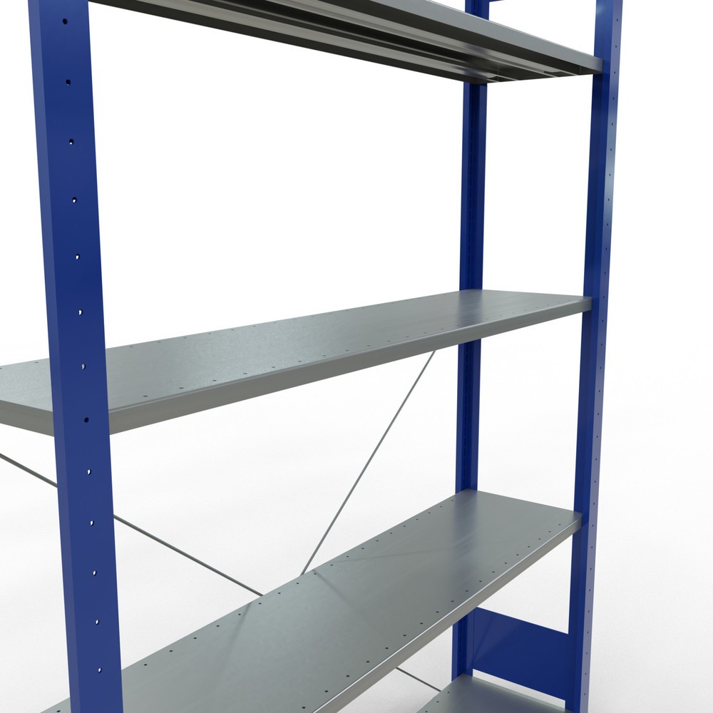 Número de imagen del producto 2: Estantería de cargas pequeñas SCHULTE azul genciana/galvanizada con 5 estantes de chapa de acero, carga por estante 150 kg, HxAxF 2.000 x 1.360 x 336 mm