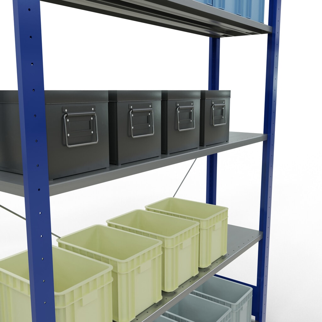 Estantería de cargas pequeñas SCHULTE azul genciana/galvanizada con 5 estantes de chapa de acero, carga por estante 150 kg, HxAxF 2.000 x 1.360 x 336 mm Número de imagen del producto 3: Estantería de cargas pequeñas SCHULTE azul genciana/galvanizada con 5 estantes de chapa de acero, carga por estante 150 kg, HxAxF 2.000 x 1.360 x 336 mm