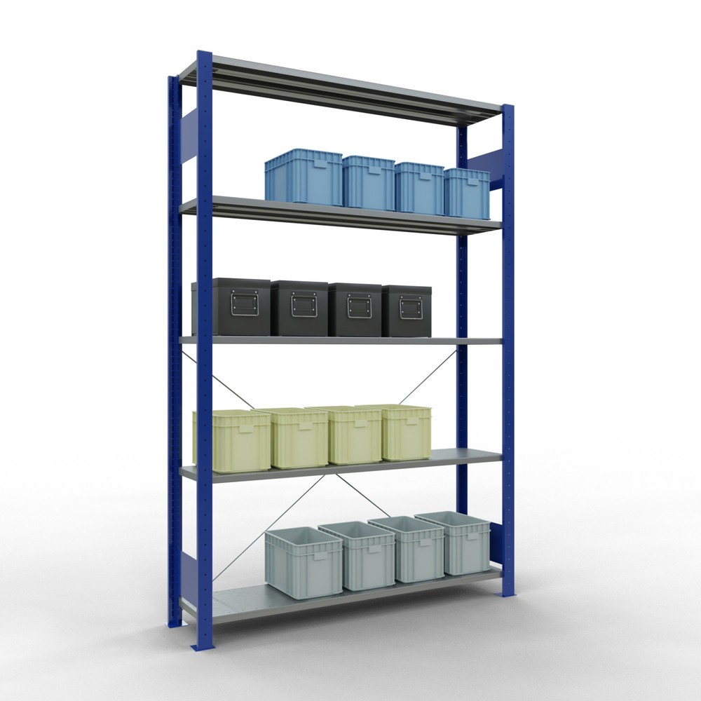 Número de imagen del producto 4: Estantería de cargas pequeñas SCHULTE azul genciana/galvanizada con 5 estantes de chapa de acero, carga por estante 150 kg, HxAxF 2.000 x 1.360 x 336 mm