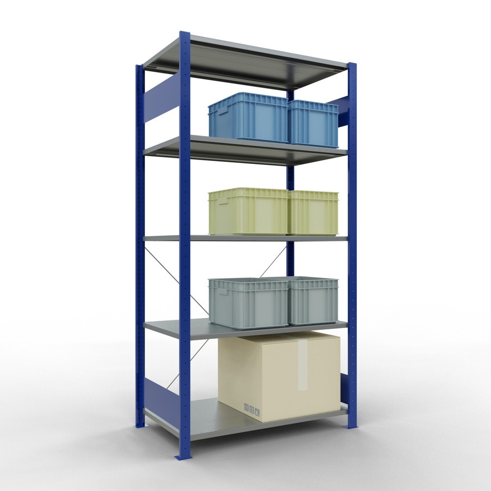 Número de imagen del producto 4: Estantería de cargas pequeñas SCHULTE azul genciana/galvanizada con 5 estantes de chapa de acero, carga por estante 150 kg, HxAxF 2.000 x 1.060 x 636 mm