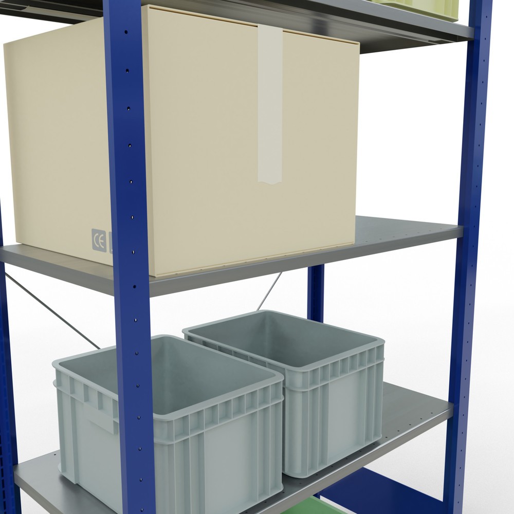 Número de imagen del producto 3: Estantería de cargas pequeñas SCHULTE azul genciana/galvanizada con 5 estantes de chapa de acero, carga por estante 150 kg, HxAxF 2.000 x 1.060 x 536 mm