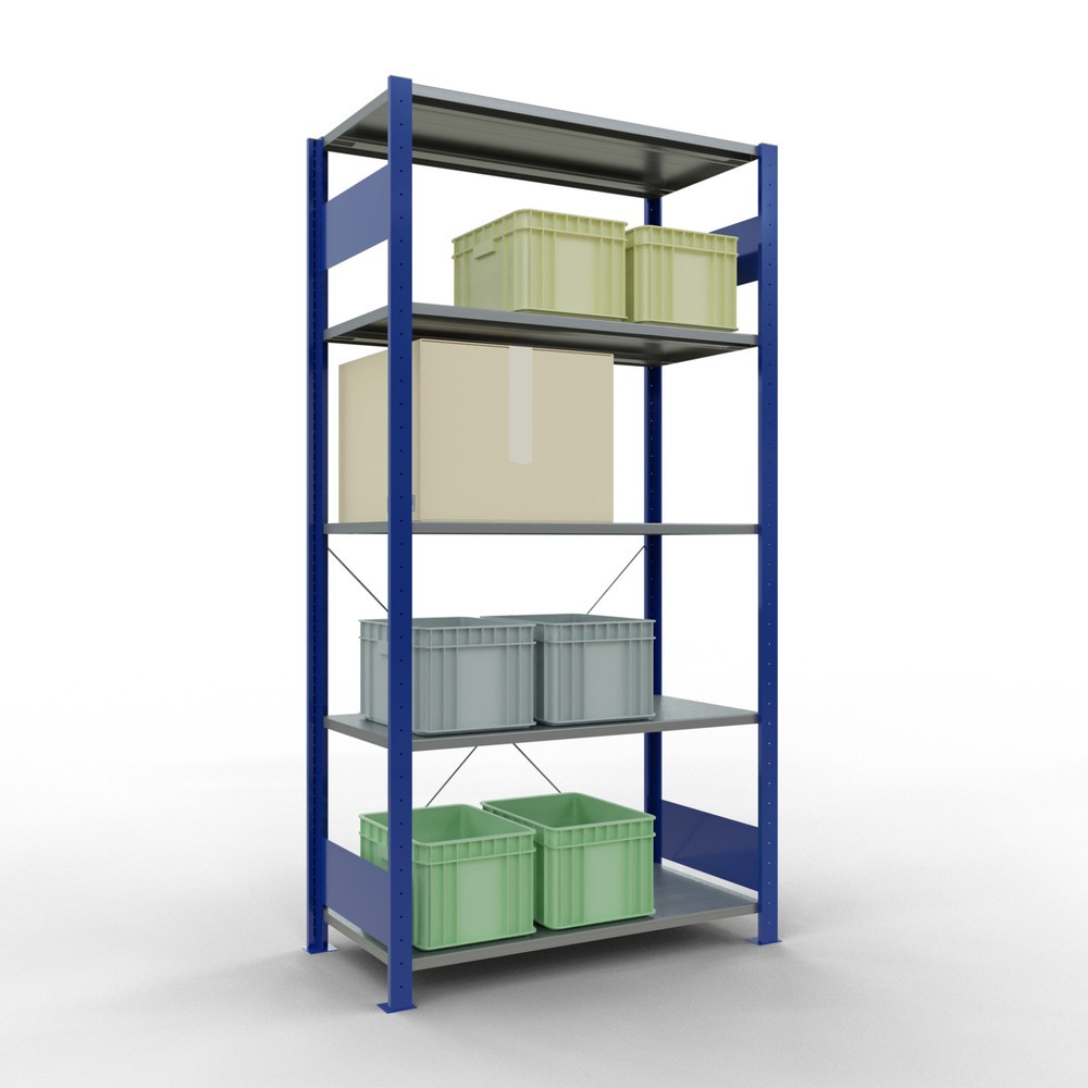 Número de imagen del producto 4: Estantería de cargas pequeñas SCHULTE azul genciana/galvanizada con 5 estantes de chapa de acero, carga por estante 150 kg, HxAxF 2.000 x 1.060 x 536 mm