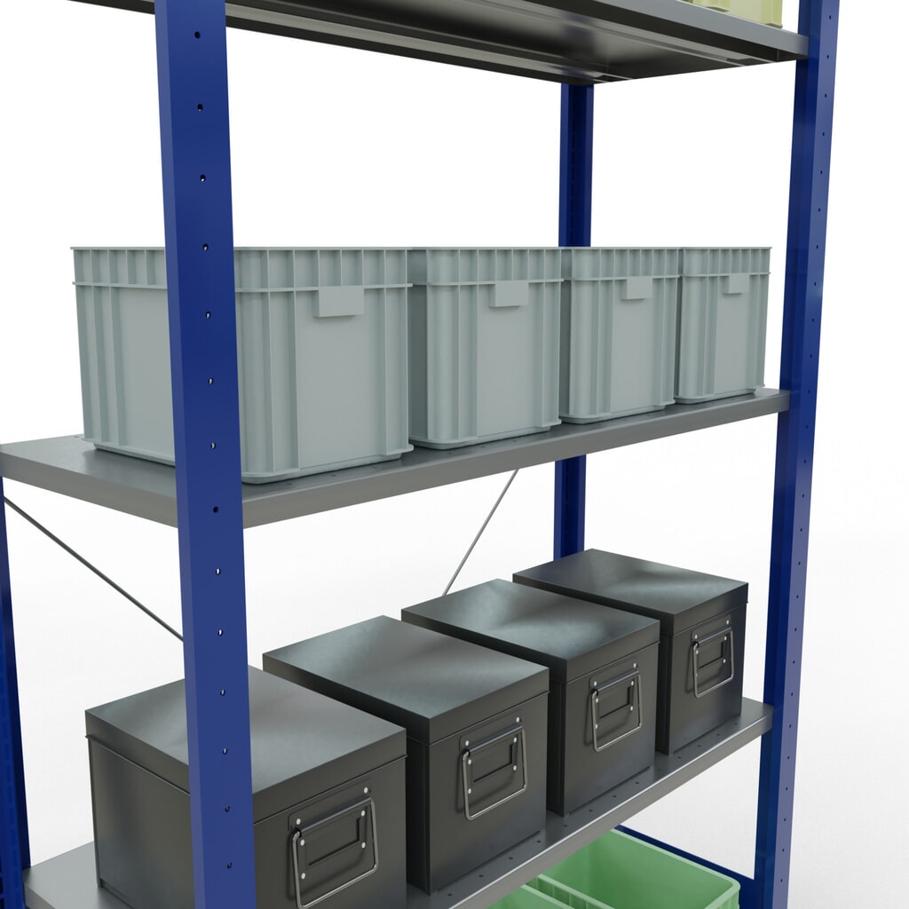 Número de imagen del producto 3: Estantería de cargas pequeñas SCHULTE azul genciana/galvanizada con 5 estantes de chapa de acero, carga por estante 150 kg, HxAxF 2.000 x 1.060 x 436 mm
