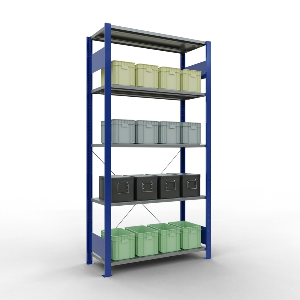Estantería de cargas pequeñas SCHULTE azul genciana/galvanizada con 5 estantes de chapa de acero, carga por estante 150 kg, HxAxF 2.000 x 1.060 x 436 mm Número de imagen del producto 4: Estantería de cargas pequeñas SCHULTE azul genciana/galvanizada con 5 estantes de chapa de acero, carga por estante 150 kg, HxAxF 2.000 x 1.060 x 436 mm