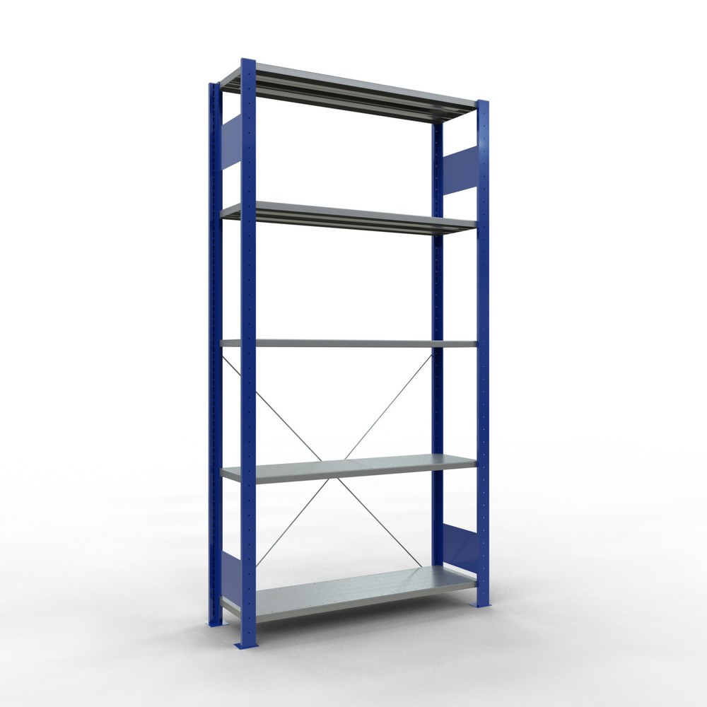 Imagen del producto: Estantería de cargas pequeñas SCHULTE azul genciana/galvanizada con 5 estantes de chapa de acero, carga por estante 150 kg, HxAxF 2.000 x 1.060 x 336 mm