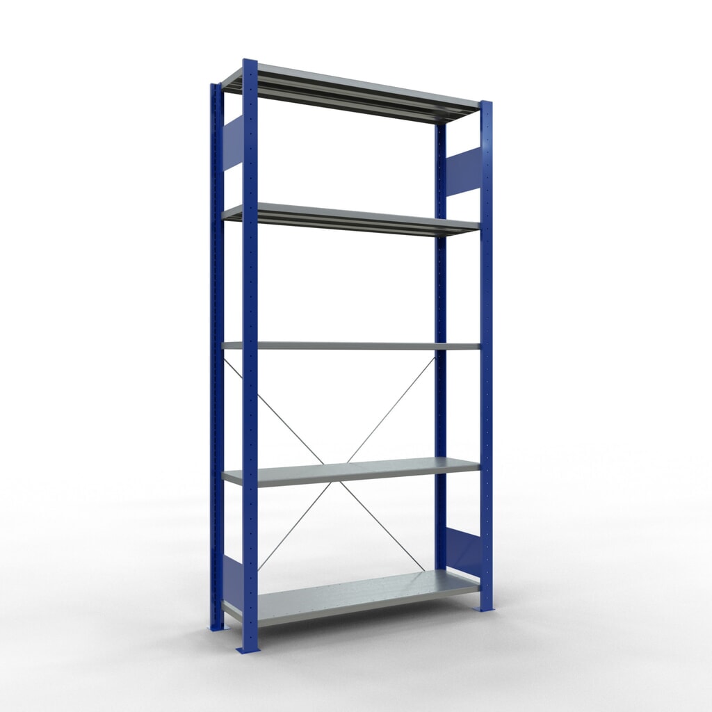 Imagen del producto: Estantería de cargas pequeñas SCHULTE azul genciana/galvanizada con 5 estantes de chapa de acero, carga por estante 150 kg, HxAxF 2.000 x 1.060 x 336 mm