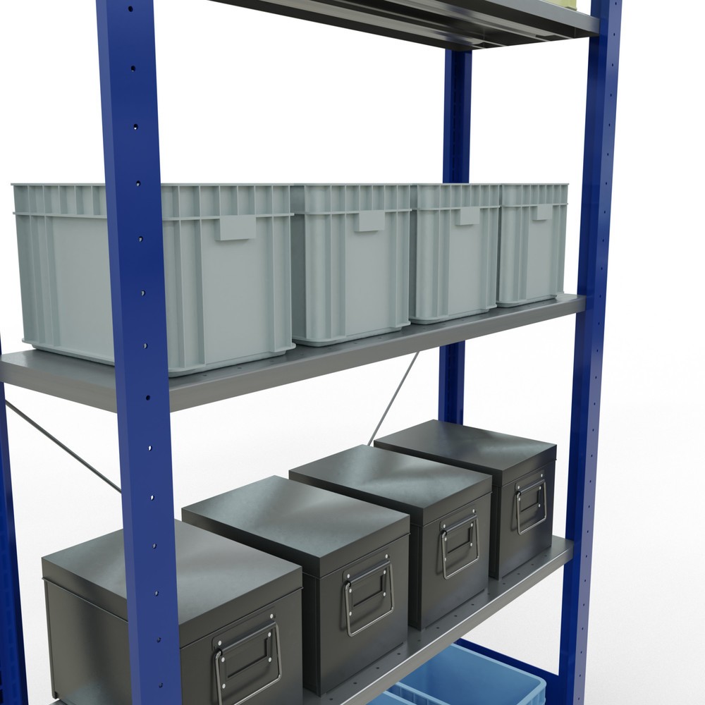 Número de imagen del producto 3: Estantería de cargas pequeñas SCHULTE azul genciana/galvanizada con 5 estantes de chapa de acero, carga por estante 150 kg, HxAxF 2.000 x 1.060 x 336 mm