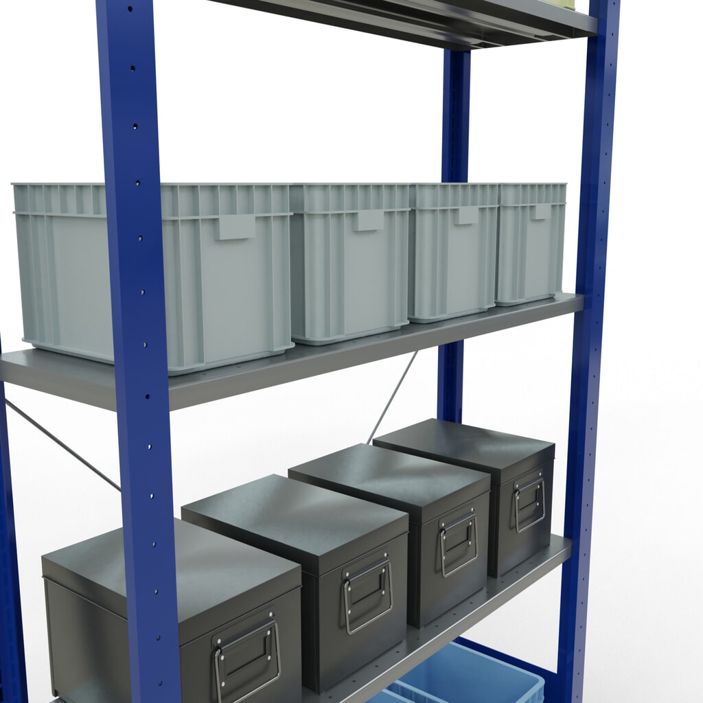 Estantería de cargas pequeñas SCHULTE azul genciana/galvanizada con 5 estantes de chapa de acero, carga por estante 150 kg, HxAxF 2.000 x 1.060 x 336 mm Número de imagen del producto 3: Estantería de cargas pequeñas SCHULTE azul genciana/galvanizada con 5 estantes de chapa de acero, carga por estante 150 kg, HxAxF 2.000 x 1.060 x 336 mm
