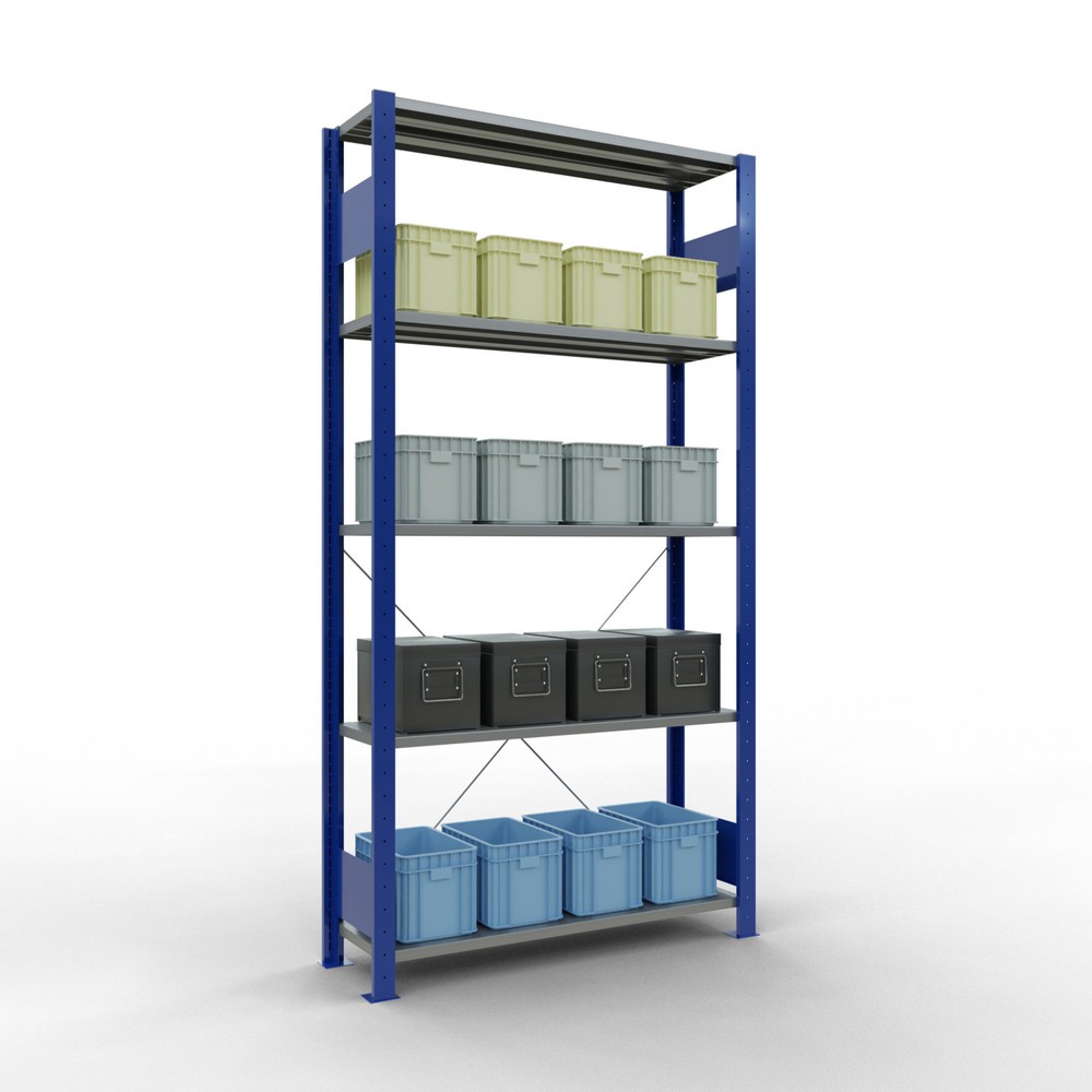 Número de imagen del producto 4: Estantería de cargas pequeñas SCHULTE azul genciana/galvanizada con 5 estantes de chapa de acero, carga por estante 150 kg, HxAxF 2.000 x 1.060 x 336 mm